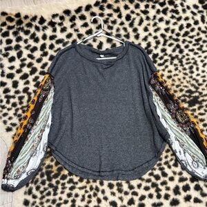 Free people Gray Top with Patterned Sleeves